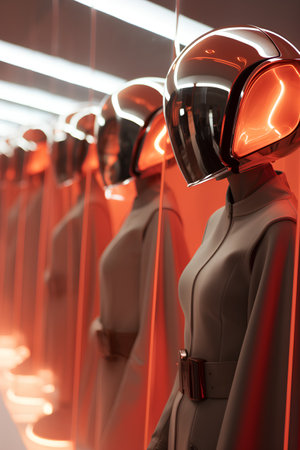 Mannequins with protective helmets in a fashion store. 3d renderingの素材