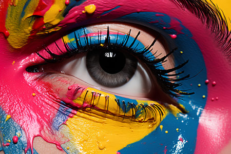 Close-up shot of a beautiful female eye with multicolored makeup.の素材