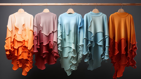 Set of colorful silk shirts hanging on a wooden clothes hanger. Vector illustration.の素材