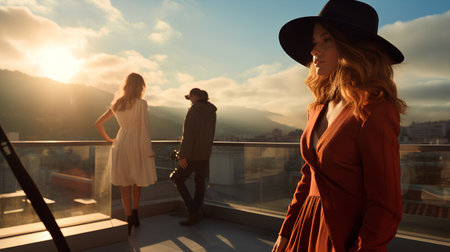 Beautiful young woman in a hat on the balcony at sunset.の素材