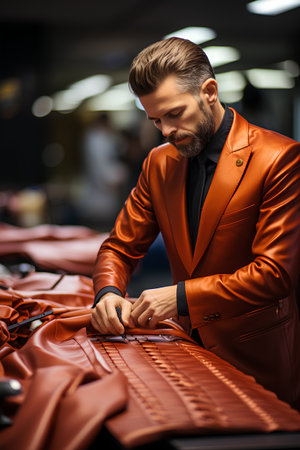 Handsome bearded man in a red jacket standing near the motorbikeの素材