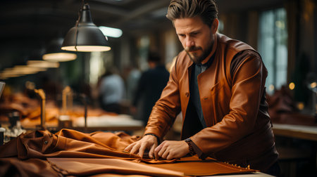 Handsome bearded man in brown jacket and black shirt is working in a leather workshop.の素材
