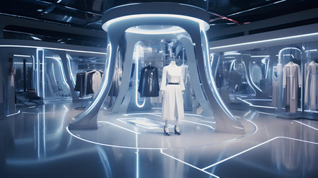 Futuristic clothing store interior with mannequins and showcase 3D renderingの素材