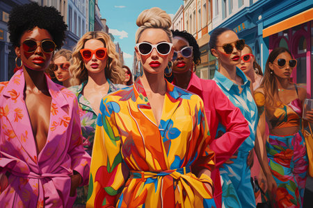 Group of beautiful young women in colorful dresses and sunglasses on the city street.の素材