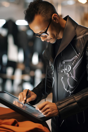 Portrait of a young African-American man in a leather jacket and eyeglasses working on a digital tablet in a cafeの素材