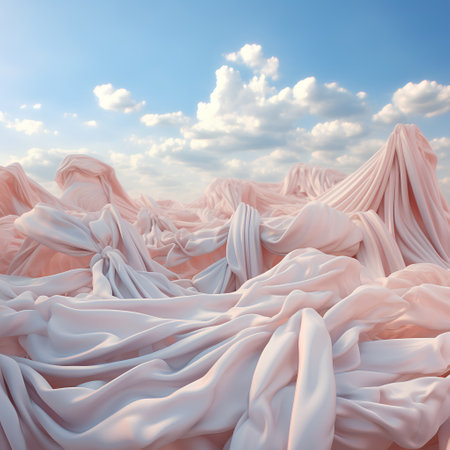 3d rendering of pink silk fabric with clouds in the blue skyの素材