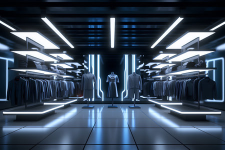 Futuristic interior with neon lights, 3d rendering. Computer digital drawing.の素材