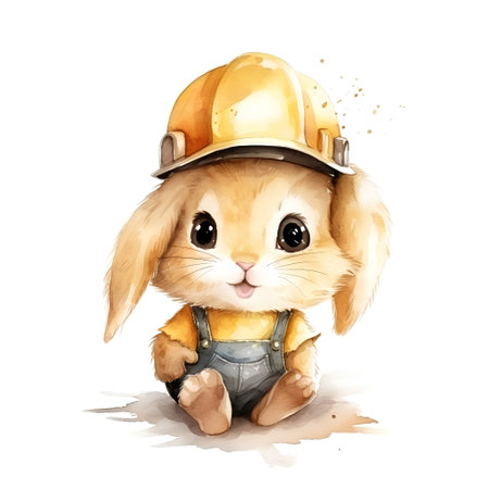 Rabbit in a construction helmet. Watercolor illustration on white backgroundの素材