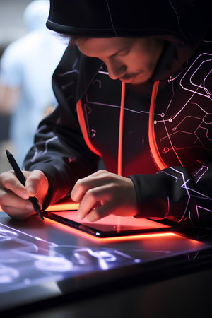 Close-up of a hacker using a tablet computer. Cybercrime conceptの素材