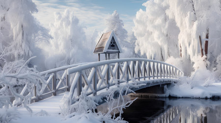Winter landscape with a wooden bridge over the river and trees covered with hoarfrostの素材