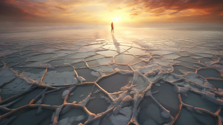 Man standing on cracked ice at sunset. 3d render illustration.の素材