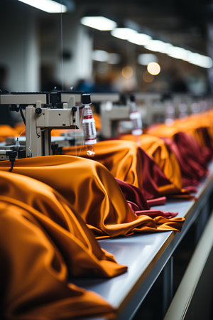 Production line of the fabric factory. Textile industry. Industrial backgroundの素材