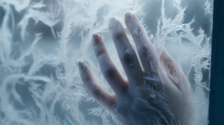 Hands on the frosted window. Winter background. Close-up.の素材