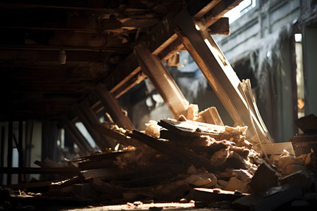 Abandoned factory building interior with wooden beams, toned imageの素材
