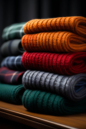 Colorful knitted sweaters on a shelf in a store. Toned.の素材