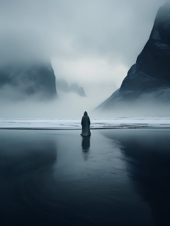 Fantasy landscape with a man in a hood standing in the waterの素材