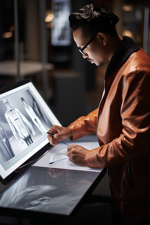 Fashion designer working on new collection of clothes. Stylish young man in glasses drawing sketches on digital tablet.の素材