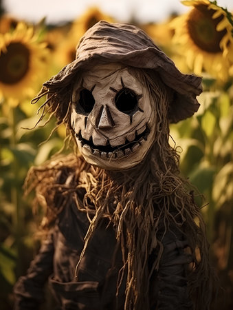Funny Halloween scarecrow in a field of sunflowers.の素材
