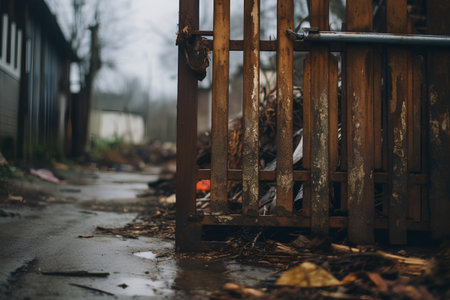 Abandoned house in the middle of the street. Old wooden gate.の素材