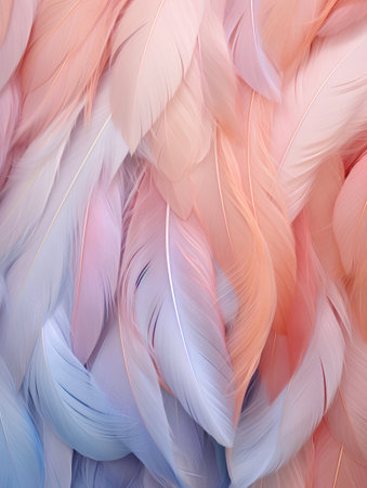 Colored feathers background. Close-up of beautiful bird feathers.の素材