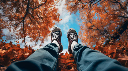 Selfie of feet in sneakers on background of autumn leaves in parkの素材