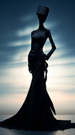 Silhouette of a woman in a long black dress with a hatの素材