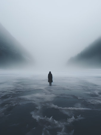 Man standing in the middle of a frozen lake and looking at the horizonの素材