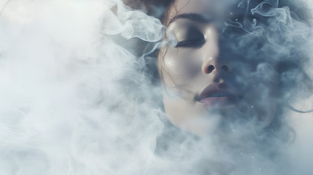Portrait of a beautiful woman with smoke on her face. Beauty, fashion.の素材