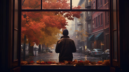 A young man looking out the window in a rainy autumn day.の素材