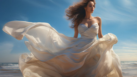 Beautiful woman in a white wedding dress on the seashoreの素材