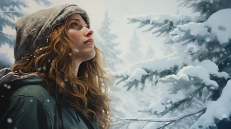 Portrait of a beautiful girl in the winter forest. Snowfall.の素材