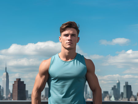 Athletic young man on the rooftop with skyline in the backgroundの素材