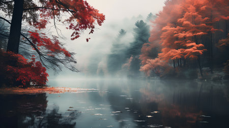 Autumn landscape with lake and colorful trees in foggy morning.の素材