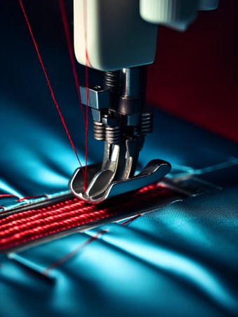Sewing machine closeup. Sewing process. Red thread.の素材