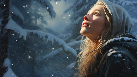 Beautiful young woman in winter forest with snowfall. 3d renderingの素材