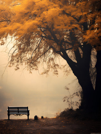 Beautiful autumn landscape with lake and bench. Filtered image processed vintage effect.の素材