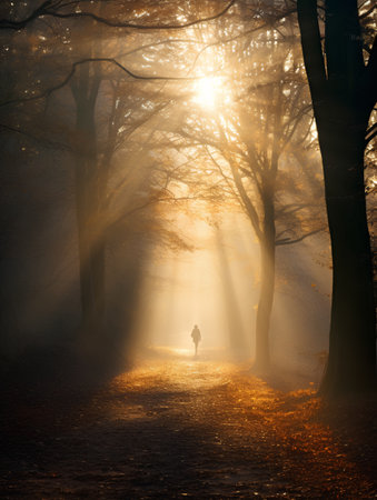 Woman walking in the autumn forest with sunbeams and fog.の素材
