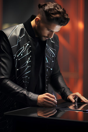 Handsome young man working on tablet computer in dark office.の素材