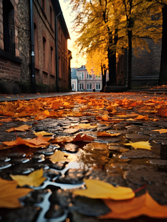 Autumn leaves on a cobblestone road in the city.の素材