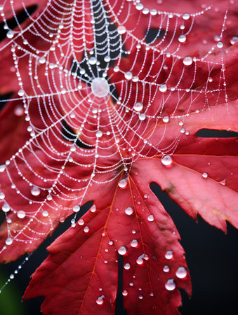 Cobweb with dew drops on a red maple leaf in autumnの素材