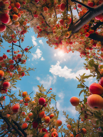 Fruit tree with ripe apples against the blue sky with clouds.の素材