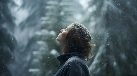 Portrait of a beautiful young woman on a background of falling snow.の素材