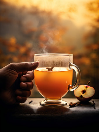 Cup of hot tea with cinnamon and apple on autumn background.の素材