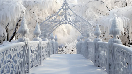 Frozen bridge in the winter forest. Winter landscape. Frosty day.の素材