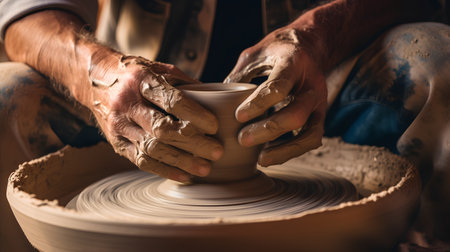 Hands of a potter, creating an earthen jar on the circleの素材