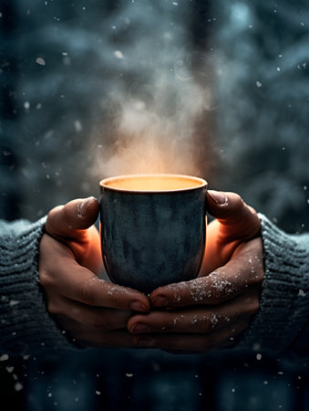 hands holding a cup of hot coffee on a dark background with snowの素材