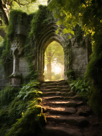Beautiful landscape image of a stone path leading to an old stone church in the woodsの素材