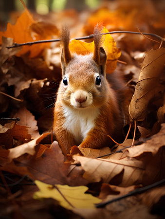 Cute red squirrel sitting in autumn leaves. Autumnal background.の素材