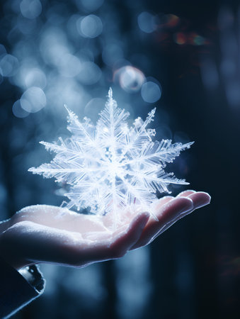 Snowflake in hand on a dark blue bokeh background.の素材