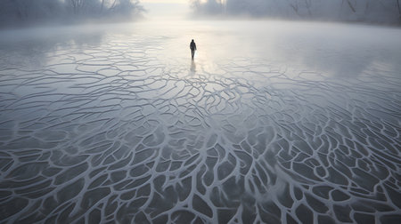 Foggy winter landscape with a woman standing on a frozen lakeの素材